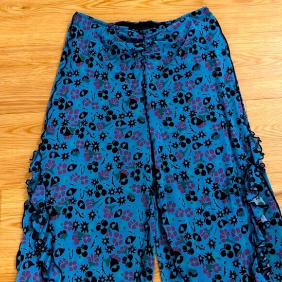 Anna Sui Womens Blue Ruffle Trim Field Flower Pants M Boho Festival Wide Leg - Picture 6 of 11